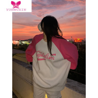 YUNWUXIN橘子树在哪儿插肩袖拼色长袖卫衣女早秋宽松甜酷中长款遮屁股上衣
