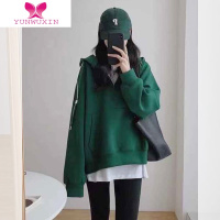 YUNWUXIN墨绿色连帽卫衣2022年新款女秋季oversize加绒加厚小个子外套冬季