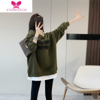 YUNWUXIN假两件加绒卫衣女新款2022时尚洋气美式复古军绿中长款