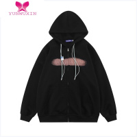 YUNWUXINjerfuni喷绘压花字母连帽卫衣外套女宽松ins运动装潮流衫上衣