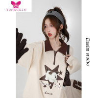 YUNWUXIN星星小狗印花领卫衣女2022新款美式复古长袖宽松上衣潮
