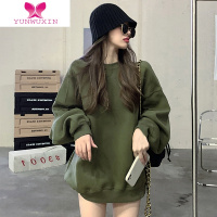 YUNWUXIN军绿色薄款卫衣女2022新款oversize潮牌ins中长加绒外套