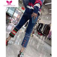 YUNWUXIN欧洲站2022春新款高腰弹力牛仔裤女裤脚不对称彩条拼接显瘦烟管裤