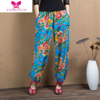 YUNWUXIN中式老北京唐装大码宽松女裤改良亚麻大花布长裤子麻灯笼裤民族风