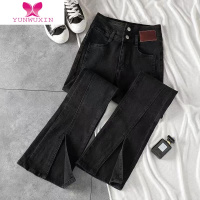 YUNWUXIN小直筒微喇裤喇叭裤2022秋季新款两粒扣高腰显瘦裤脚开叉牛仔裤女