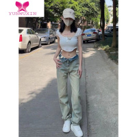 YUNWUXIN欧美式vibe复古黄泥高腰牛仔裤女士夏季国潮ins高街做旧直筒裤子