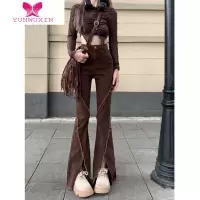 YUNWUXIN显瘦美式复古毛边微喇叭裤修身开叉牛仔裤夏季高腰拖地裤长裤子女