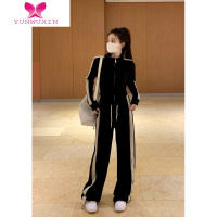 YUNWUXIN大码胖MM运动休闲套装女秋季新款辣妹黑色立领短外套阔腿裤两件套