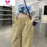 YUNWUXIN日系工装裤女2022新款卡其色松紧腰阔腿裤复古高街抽绳运动裤