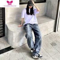 YUNWUXINins嘻哈高街跳舞磨白做旧个性水洗阔腿裤直筒宽松明线牛仔裤男女