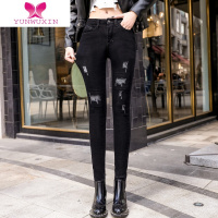 YUNWUXIN广州新塘镇黑色牛仔裤女新款破洞修身高腰乞丐九分小脚裤外穿