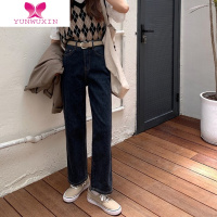 YUNWUXIN小个子宝藏~深色高腰显瘦弹力百搭学院九分直筒阔腿牛仔裤