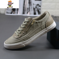 帆布鞋男韩版拉链系带复古水洗布板鞋春季透气布鞋低帮平底休闲鞋 闪潮