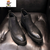 英伦马丁靴韩版潮流男士休闲加绒皮鞋高邦厚底花布洛克高帮男鞋 闪潮休闲鞋