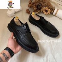 抱走推土机韩版复古英伦布洛克花基础百搭黑色系带皮鞋男休闲鞋 闪潮休闲鞋