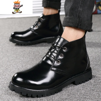 男士圆头英伦厚底男靴子皮鞋亮面漆皮马丁靴男高帮短靴高帮鞋冬季 闪潮