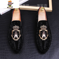 新款皮鞋潮男英伦风豆豆鞋个性休闲鞋韩版水钻乐福鞋内增高尖头鞋 闪潮休闲鞋