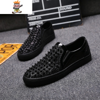 新款套脚手工黑色铆钉流苏乐福鞋男白色透气英伦百搭一脚蹬休闲鞋 闪潮休闲鞋