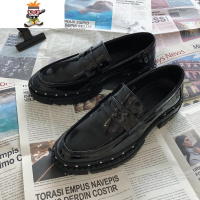 春秋套脚亮面休闲皮鞋男韩版黑色英伦小皮鞋时尚发型师懒人乐福鞋 闪潮休闲鞋