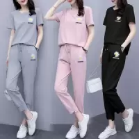 小雏菊绣花套装女时尚2020夏季新款运动大码显瘦T恤休闲裤两件套