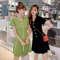 牛油果绿色抽绳V领短袖T恤女夏中长款连衣裙2020新款纯色小众裙子