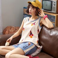 睡衣女夏无袖背心女纯棉短裤两件套装薄款韩版可爱学生大码家居服