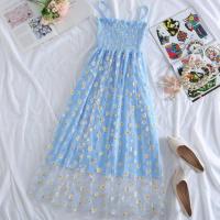 2020夏季网纱高腰小雏菊吊带碎花裙连衣裙法式复古气质显瘦裙子女