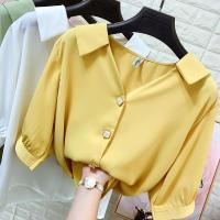 仿真丝V领短袖雪纺衬衫女夏季垂坠感宽松显瘦衬衣打底OL气质上衣