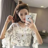 夏季碎花雪纺衫2020洋气女装新款衬衫上衣服喇叭袖超仙显瘦打底衫