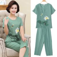 仿棉麻妈妈装套装女夏季睡衣妇女短袖T恤中老年人女装宽松两件套
