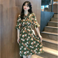 2020夏季新款韩版短袖花朵印花连衣裙收腰显瘦大摆裙子学生女装潮