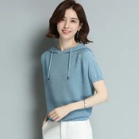 冰丝短袖T恤女2020新款连帽打底衫夏装薄款针织衫女宽松超火上衣