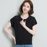 冰丝短袖T恤女夏装宽松大码镂空蝙蝠衫短款针织衫圆领T恤衫女上衣