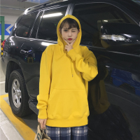 秋冬加绒板光版男女情侣装外套宽松学生上衣连帽衫带绳子纯色卫衣