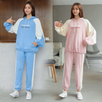 实拍含棉秋季新款宽松拼接连帽原宿风卫衣女休闲运动套装女闺蜜装