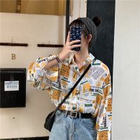 ins超火创意印花衬衫秋装女韩版复古学院风宽松显瘦长袖衬衣学生