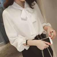2020新款春装韩版大码衬衫蝴蝶结公主袖百搭雪纺上衣系带衬衣女