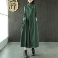 打底长袖连衣裙女2020秋季新款文艺复古宽松大码百搭半高领中长裙