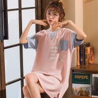 纯棉睡裙女夏学生可爱长款大码可外穿简约家居服宽松清新短袖睡衣