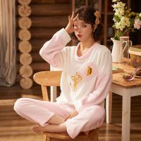 [法兰绒]秋冬季加厚女士法兰绒套装睡衣女外穿冬天珊瑚绒家居服