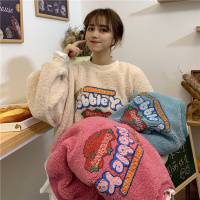 加厚卫衣女2020秋冬新款羊羔绒假两件上衣印花圆领宽松显瘦外套潮