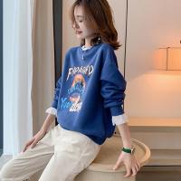 蓝色卫衣女欧洲站2020秋冬新款韩版大码宽松印花拼接加绒加厚上衣