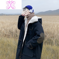 YUANSU冬季新款内里加绒工装长款棉大衣男学生宽松过膝羔毛连帽棉风衣风衣