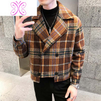 YUANSU秋冬季呢子大衣男短款英伦风毛呢格子风衣男宽松韩版潮流妮料外套风衣
