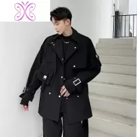 YUANSU秋冬新款暗黑个性设计男士小众机能风衣发型师潮男青年中长款外套风衣