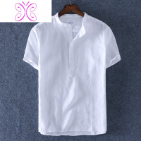 YUANSU白色短袖立领亚麻衬衫男休闲麻料上衣棉麻半袖衬衣男T恤
