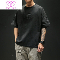 YUANSU夏季日系字母刺绣亚麻T恤男短袖宽松潮牌胖子加大码潮流半袖体恤