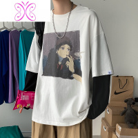 YUANSU男装秋季假两件长袖T恤男原宿风潮流印花宽松圆领休闲潮t体恤