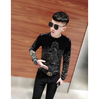 YUANSU2020秋冬新款韩国男士金丝绒长袖T恤潮男暗花时尚修身圆领打底衫