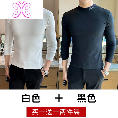 YUANSU冬季男士长袖t恤韩版修身半高领紧身衣纯色打底衫双面绒体恤秋衣